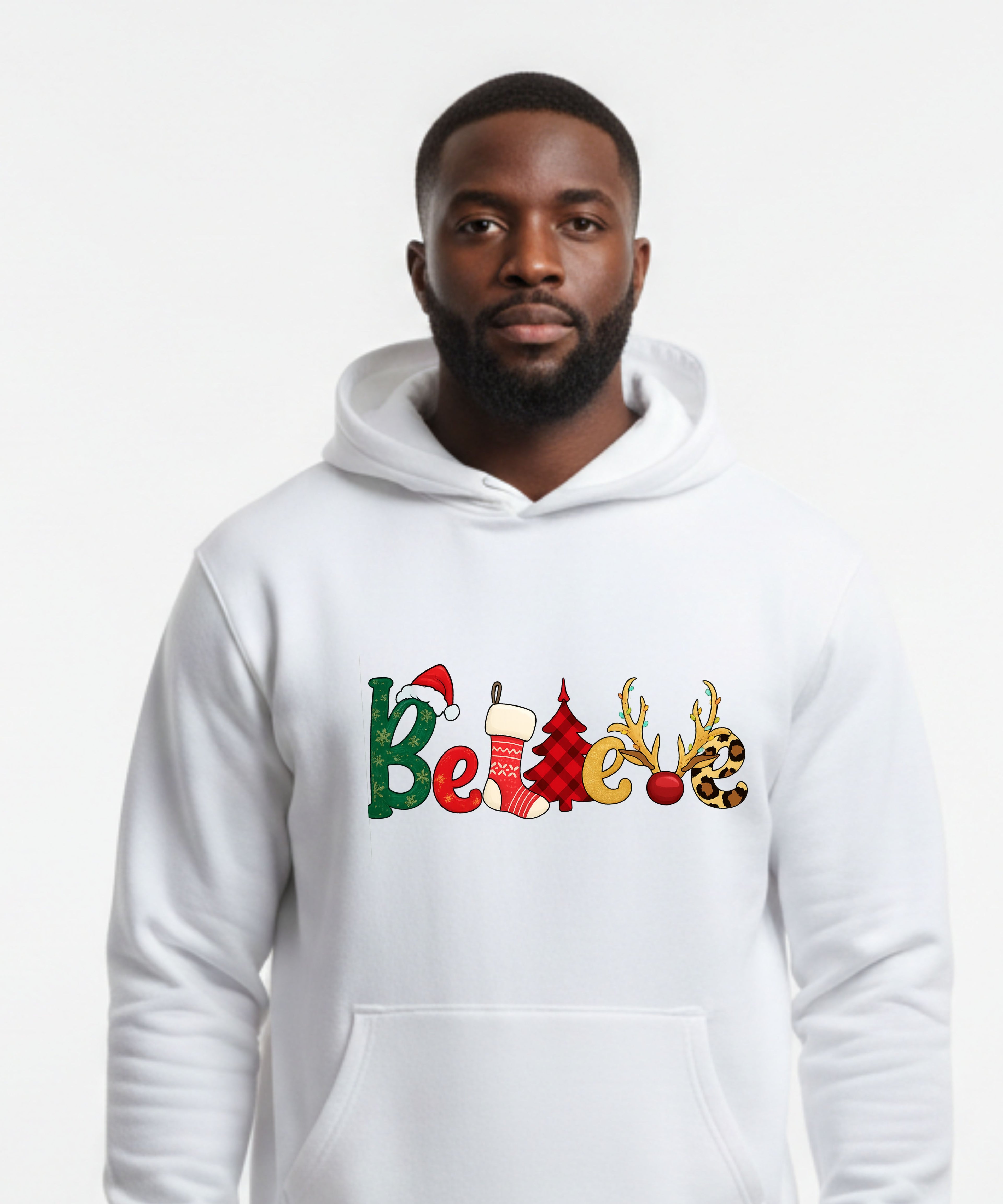 Believe Christmas Holiday Typography – Festive Santa Hat, Stocking, Tree & Reindeer Antlers Design Unisex Hoodie