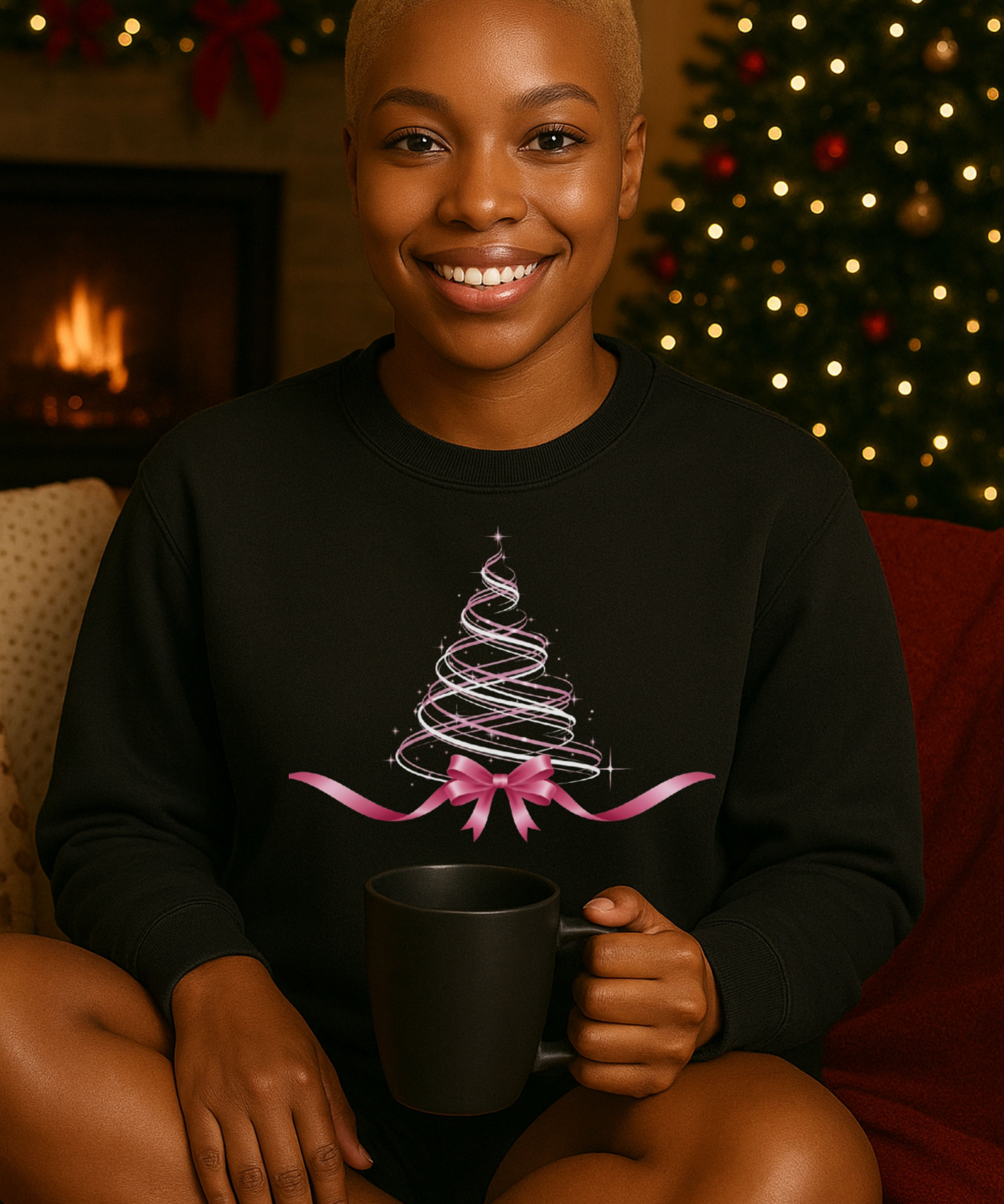 Pink Swirl Abstract Christmas Tree with Satin Bow — Unisex Premium Sweatshirt