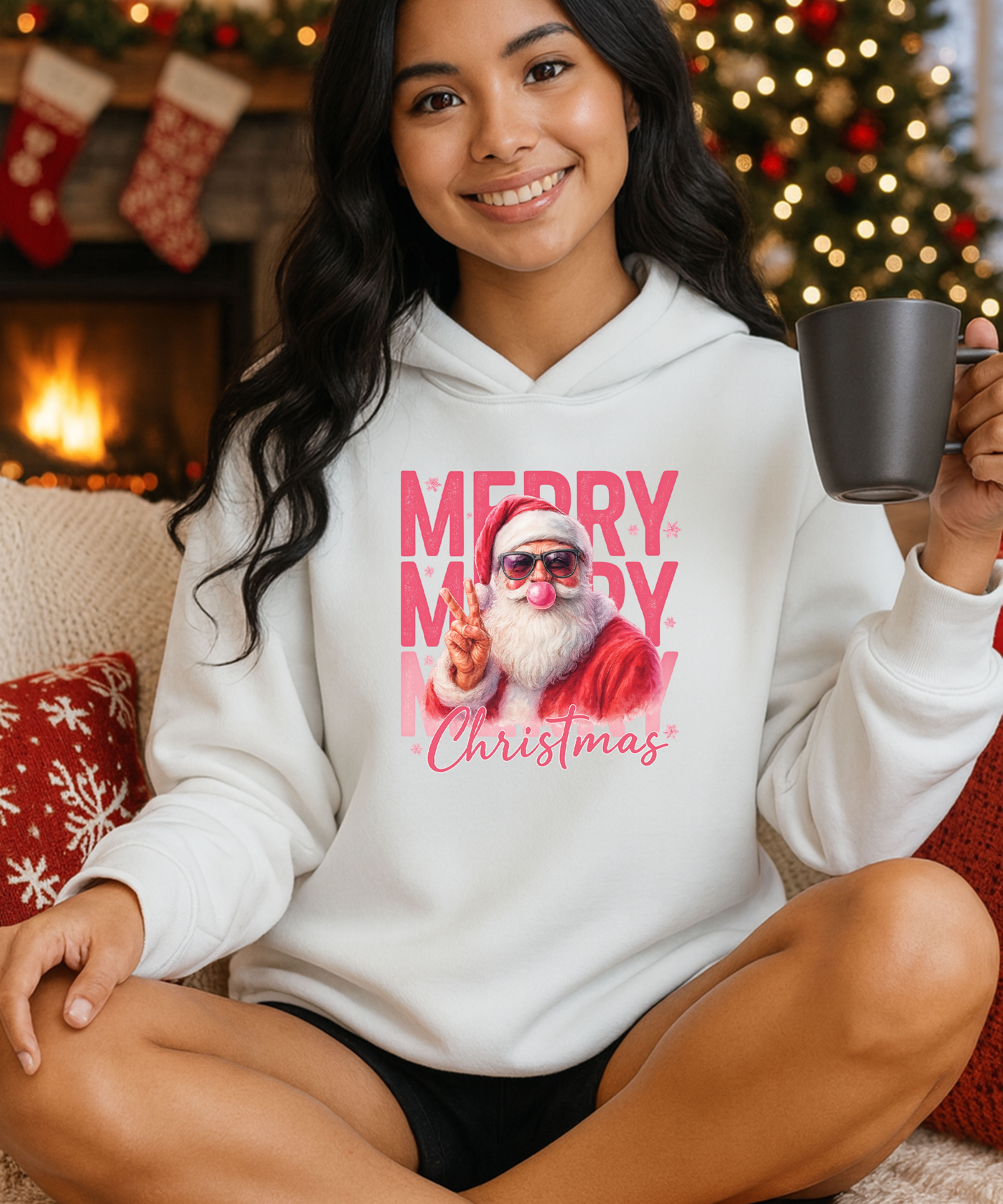 Funny Santa Blowing Gum & Doing Peace Sign – Retro Xmas Graphic Unisex Hoodie
