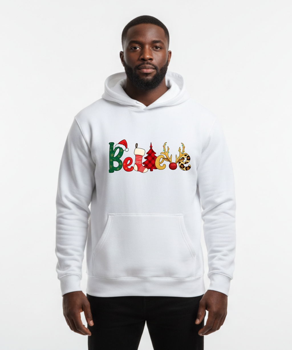 Believe Christmas Holiday Typography – Festive Santa Hat, Stocking, Tree & Reindeer Antlers Design Unisex Hoodie